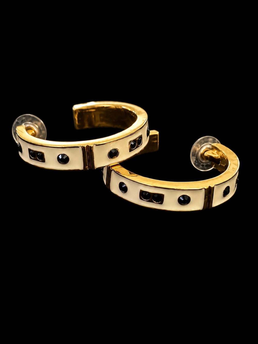 KJL White And Black Enamel Gold Tone Hoop Earrings
